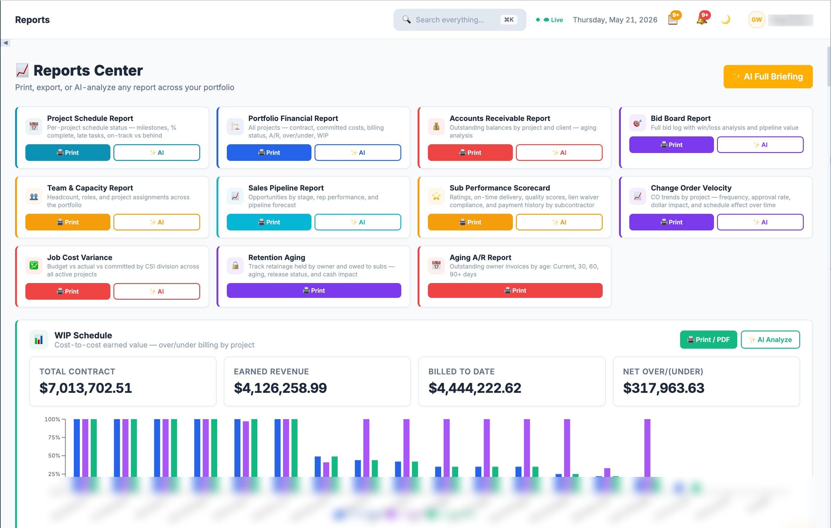 ApexOS360 Reports Center — 11 portfolio reports plus the WIP cost-to-cost schedule with earned value and over/under billing