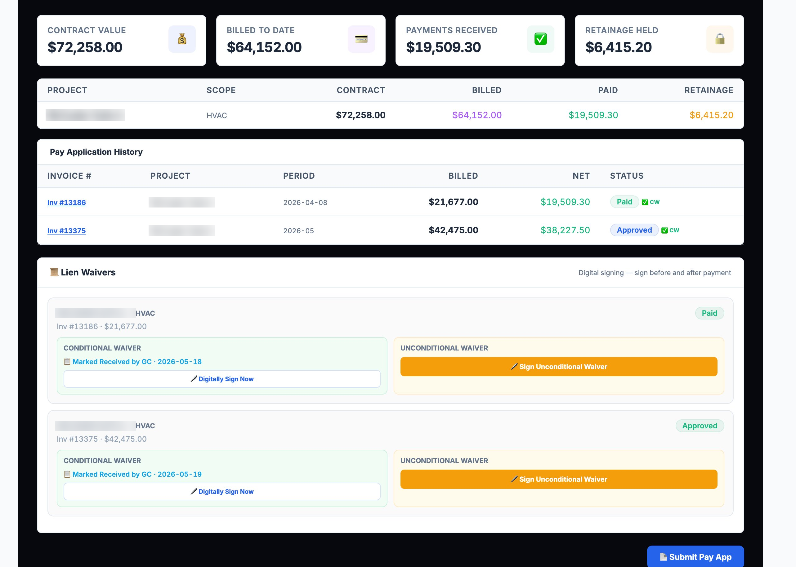 Subcontractor portal — pay application history with status badges plus conditional and unconditional lien waivers with digital signing