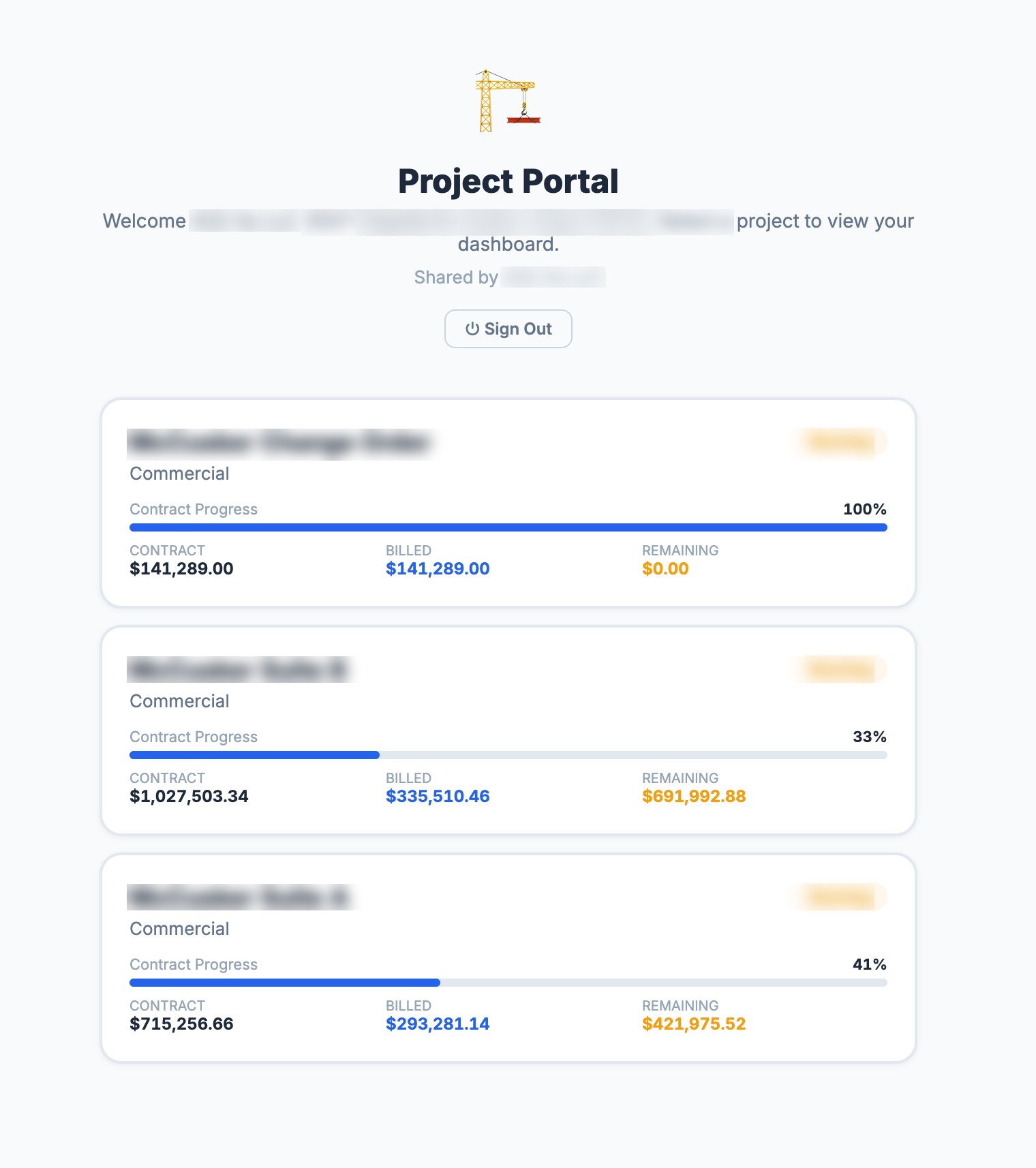 ApexOS360 Owner Portal — read-only project view with contract progress percentages, billed amounts, and remaining balances per project